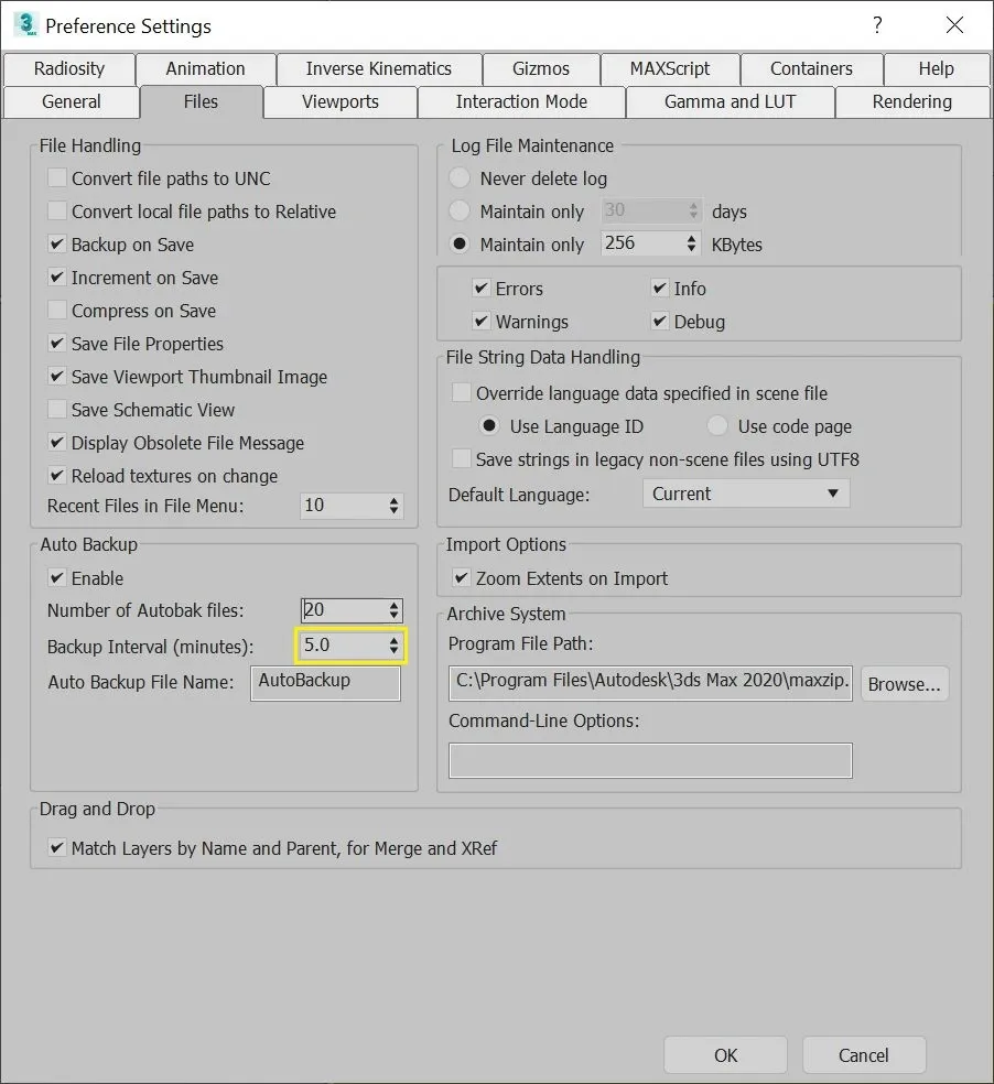3ds Max Customize Preferences Files dialog showing Autoback interval adjustment for large scene files
