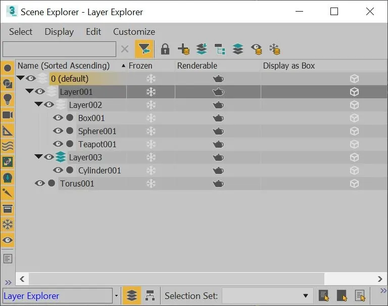 3ds Max Layer Manager panel showing nested layer hierarchy used to organize large scenes without computational overhead of groups