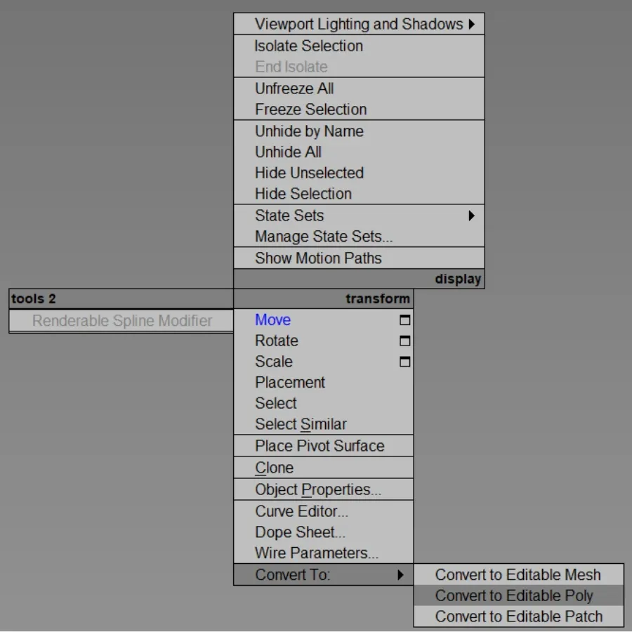 3ds Max viewport right-click Properties menu showing Convert To option as an alternative method for collapsing modifier stacks