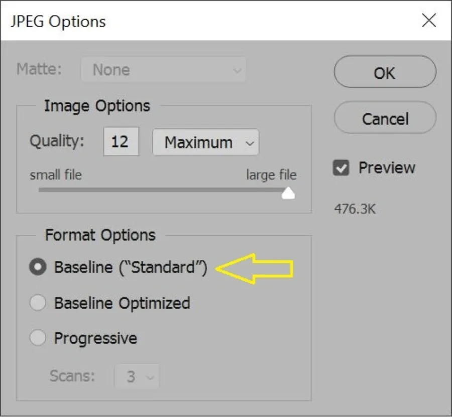 Adobe Photoshop Save As dialog showing JPEG Baseline Standard format selection recommended for 3ds Max render farm compatibility