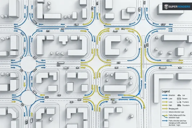 City traffic simulation diagram showing vehicle paths and traffic flow logic in an urban grid