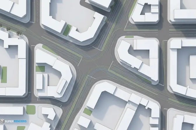 3ds Max viewport showing a spline-based road network with the City Traffic Road modifier applied to define lane structure