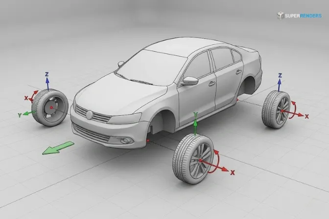 City Traffic vehicle asset structure showing a body and four wheel objects with correct Y-axis-forward orientation for AI simulation