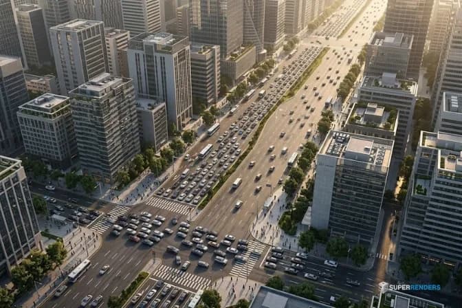 City Traffic density settings controlling vehicle distribution across highway, urban, and residential road segments in an archviz scene