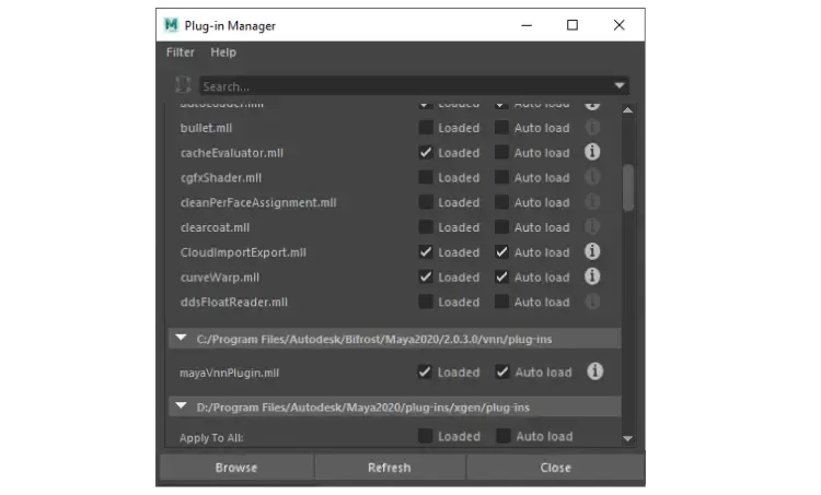Figure 1: Maya Plugin Manager showing MtoA loaded