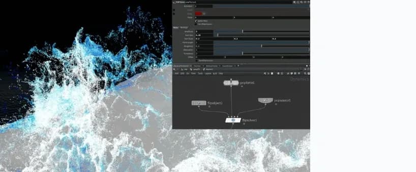 Houdini interface showing a POP Force node added to a FLIP simulation to create detailed fluid motion and noise