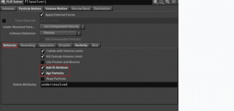 Enabling extra FLIP attributes: like many things in Houdini, the fix is only a few checkboxes away
