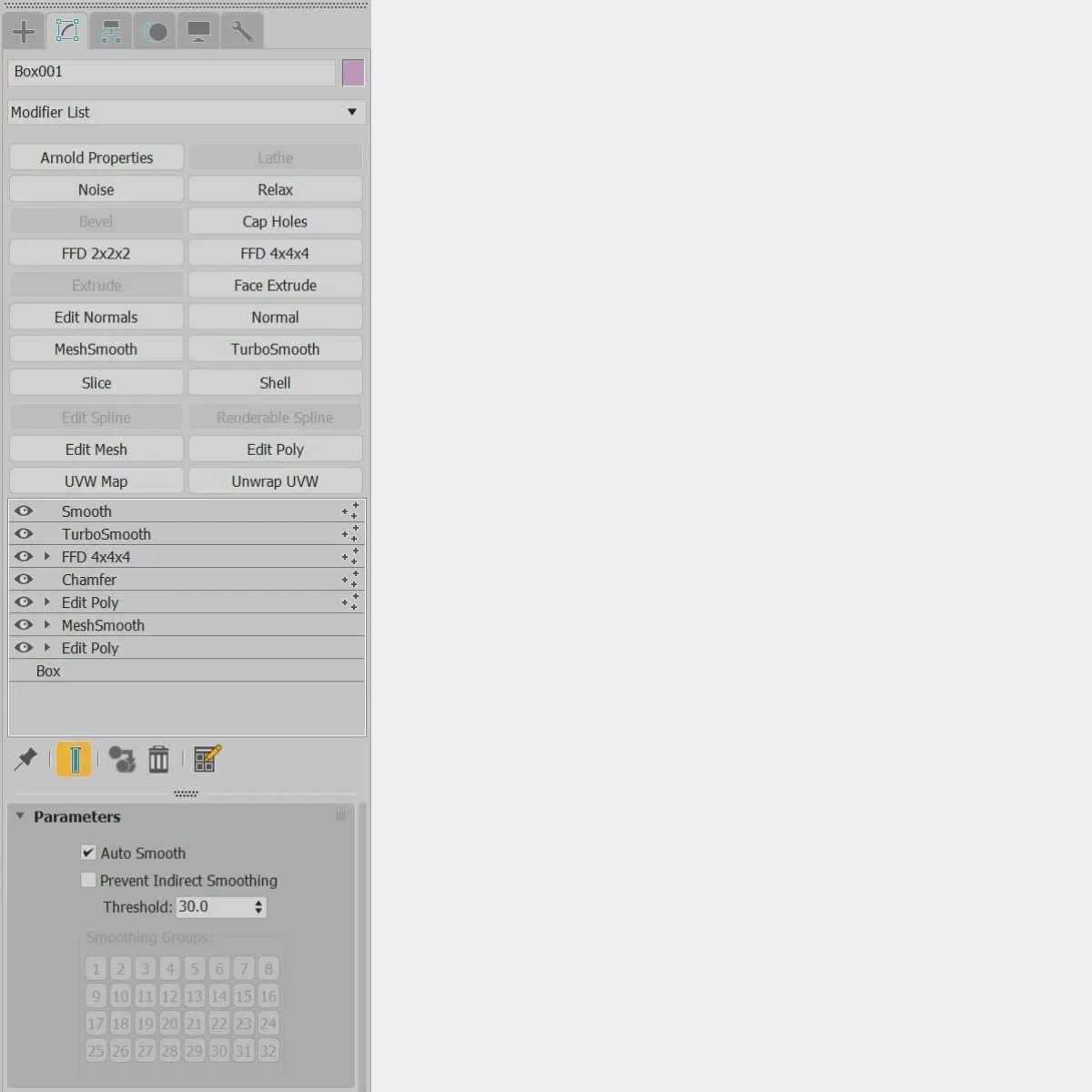 3ds Max Modifier Stack right-click menu showing Collapse To Editable Poly option for reducing memory overhead before rendering