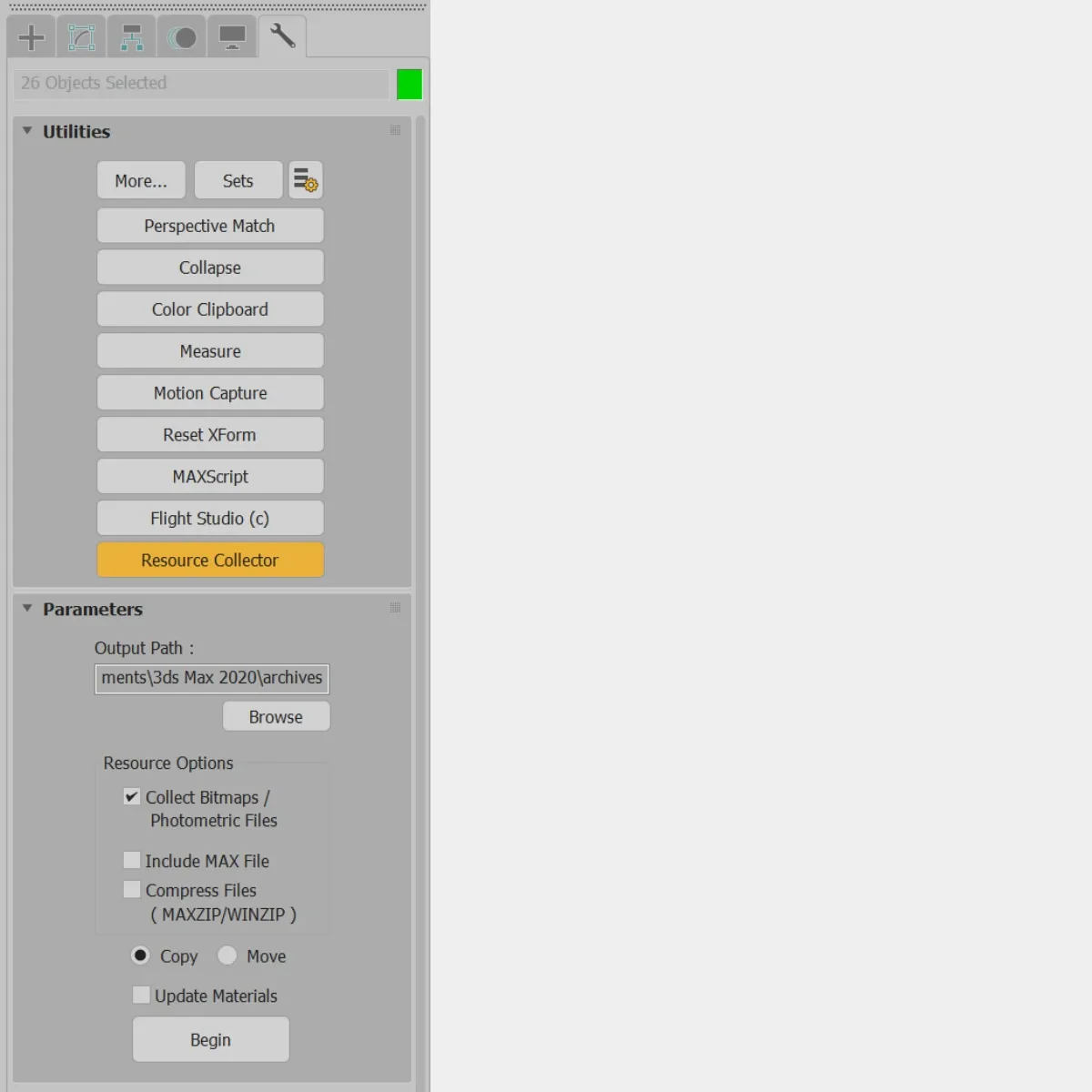 3ds Max Utilities Resource Collector panel gathering scene bitmaps and maps into a single project folder for farm submission