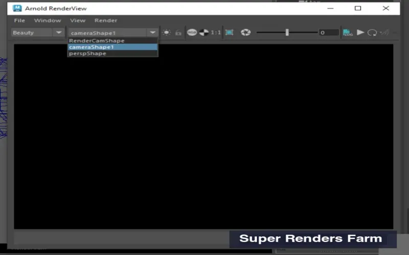 Arnold RenderView in Maya showing the camera dropdown with available cameras listed