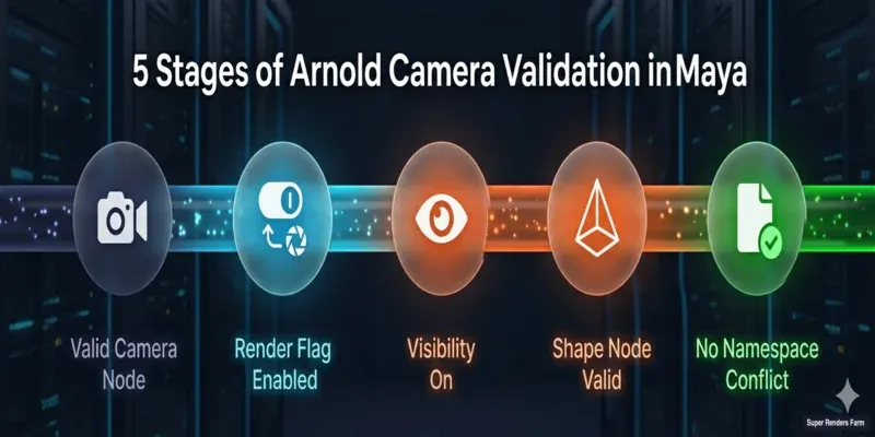 Arnold camera validation checklist showing five criteria: valid camera node, render flag enabled, visibility on, shape node valid, no namespace conflict