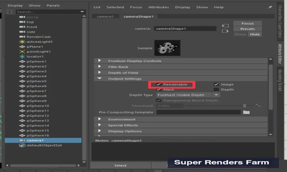 Maya Attribute Editor showing camera Output Settings section with the Renderable checkbox that must be enabled for Arnold