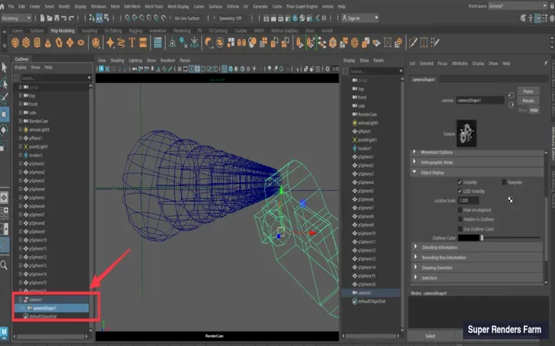 Maya Outliner showing camera transform and shape node hierarchy with cameraShape1 visible under camera1