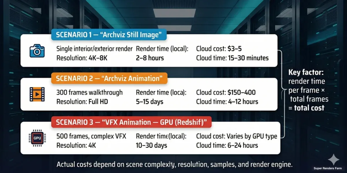 Render farm cost examples — archviz still ($3-5), archviz animation ($400-800), product viz, VFX GPU animation, feature animation pricing