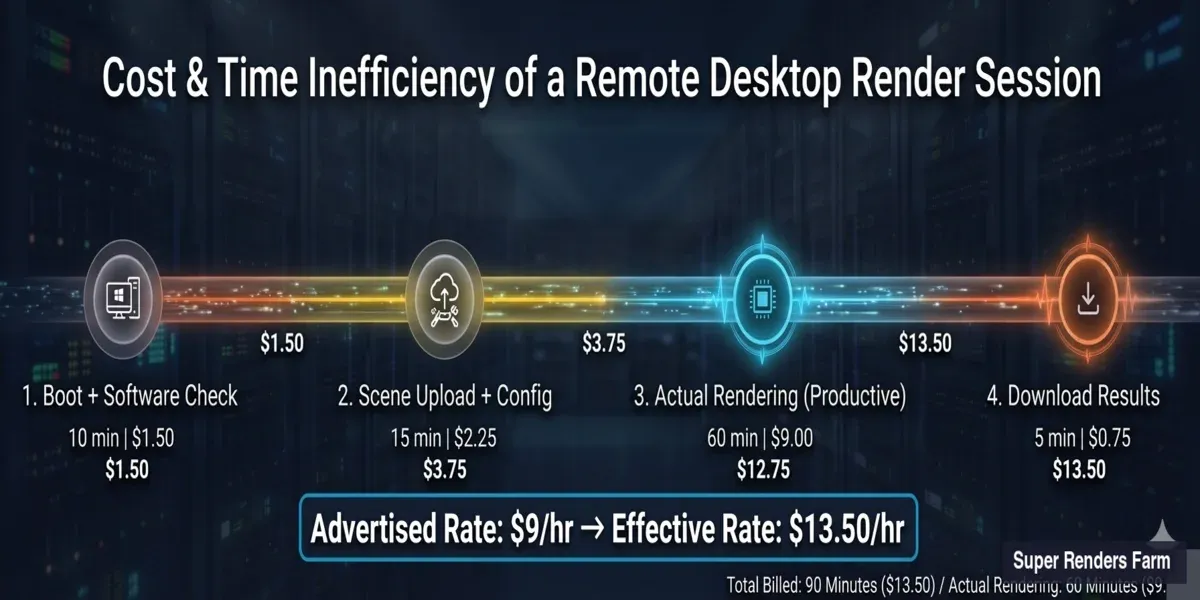 Effective cost breakdown of a remote desktop rendering session — $9 per hour advertised rate becomes $13.50 effective when including boot, upload, and download time