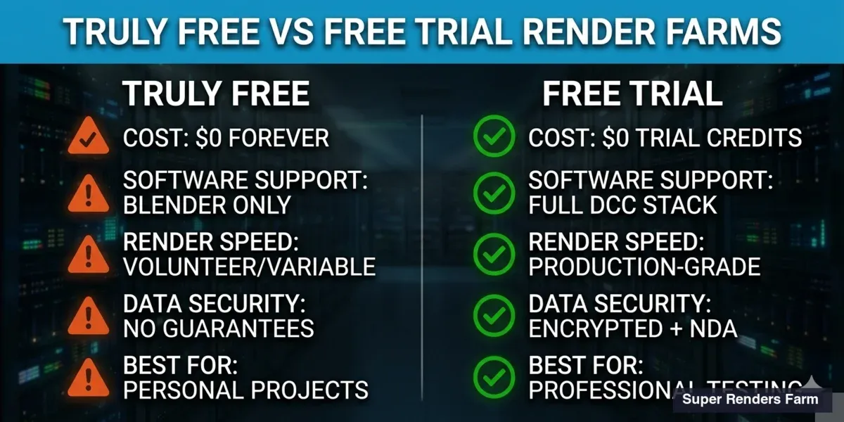 Comparison infographic — truly free render farms versus commercial free trial render farms