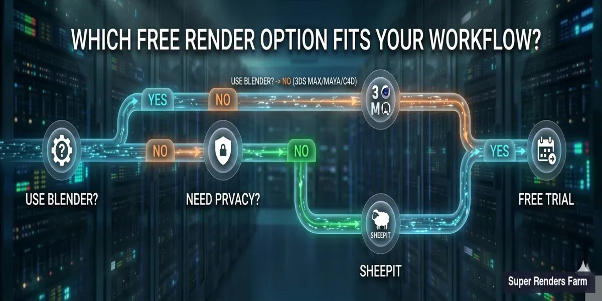 Decision flowchart for choosing the right free render farm option based on software, confidentiality, and project needs