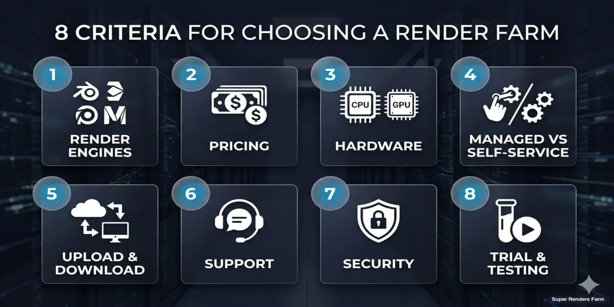 Eight criteria for evaluating a render farm — engines, pricing, hardware, workflow, support, security, and trials