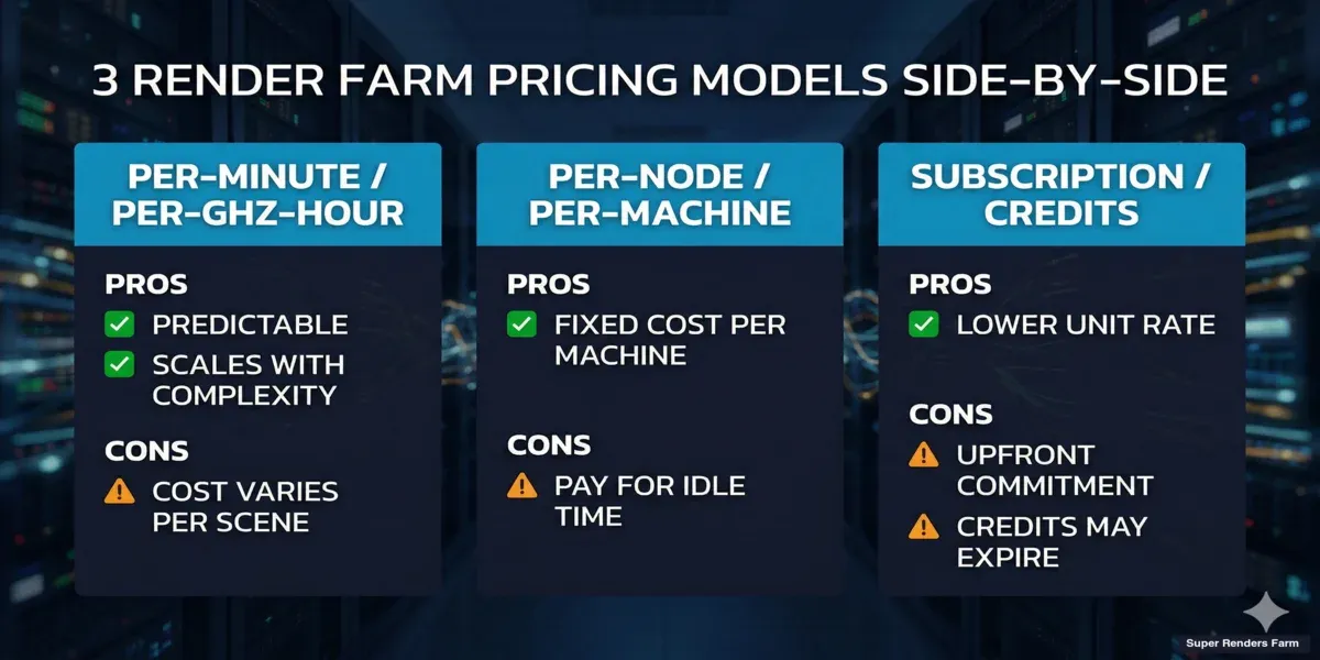 Comparison of three render farm pricing models — per-minute, per-node, and subscription