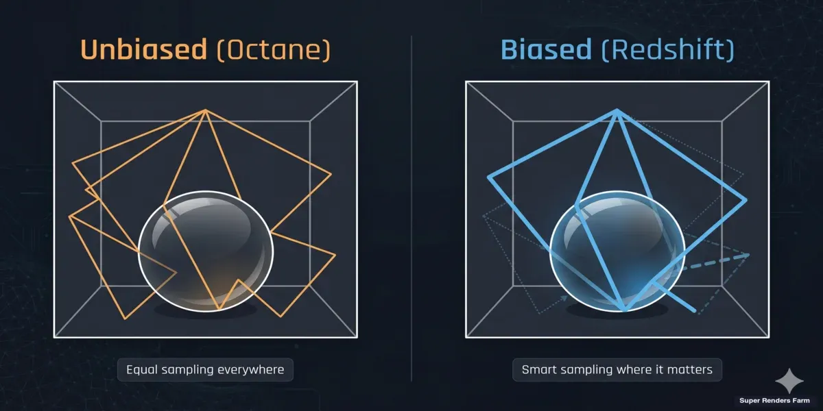 Diagram comparing unbiased rendering in OctaneRender vs biased rendering in Redshift