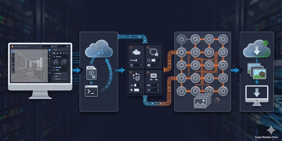 Render farm submission workflow for Blender — install plugin, upload, configure, render, download