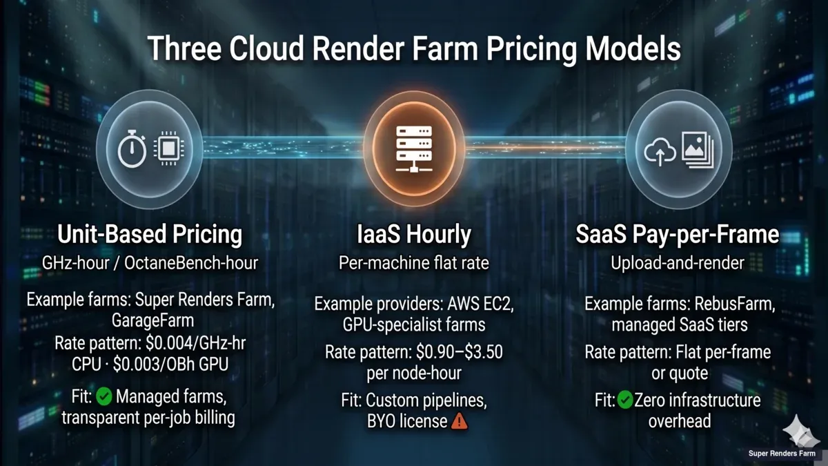 Three-tier cloud render farm pricing taxonomy comparison: Unit-based pricing (GHz-hour/OctaneBench-hour) versus IaaS hourly (per-machine flat rate) versus SaaS pay-per-frame (upload-and-render), with example farms and typical rate patterns for each tier.