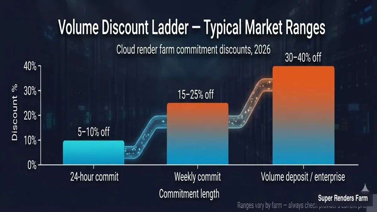 Volume discount ladder for cloud render farms showing typical commitment discounts: 5 to 10 percent off for 24-hour commits, 15 to 25 percent off for weekly commits, and 30 to 40 percent off for volume deposits or enterprise contracts.