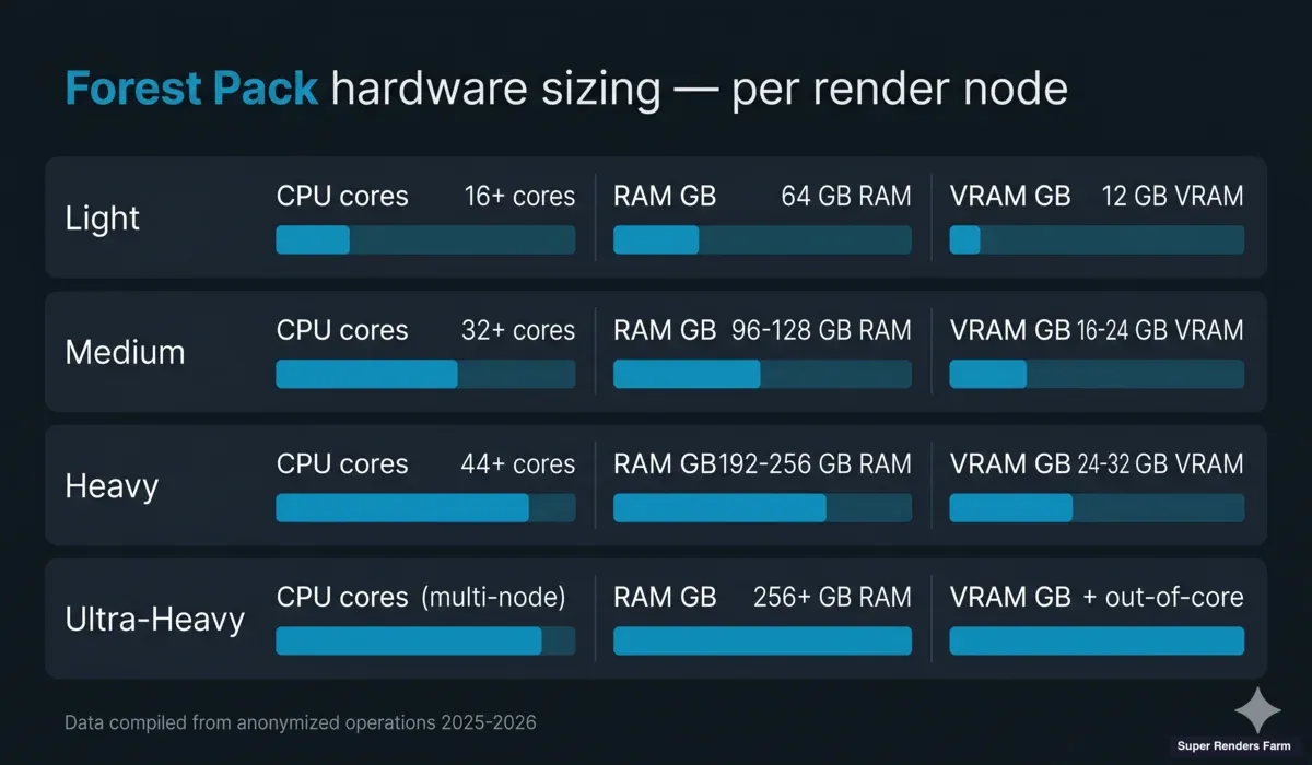 Forest Pack hardware sizing reference: per-node CPU, RAM, and VRAM targets by scene complexity tier on a cloud render farm.