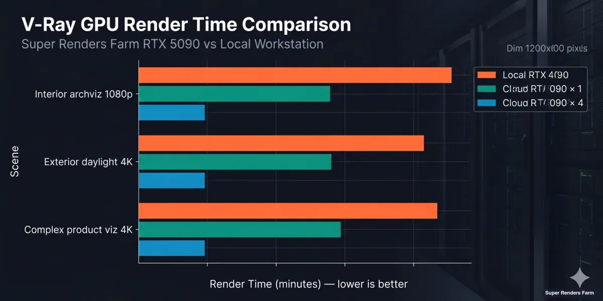 V-Ray GPU render time comparison chart — local RTX 4090 vs cloud RTX 5090 across interior, exterior, and complex product visualization scenes