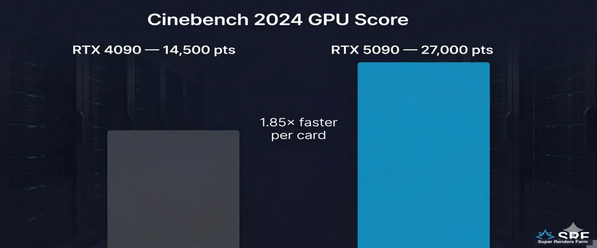 Cinebench 2024 GPU score: RTX 4090 at 14,500 points versus RTX 5090 at 27,000 points — 1.85x faster per card