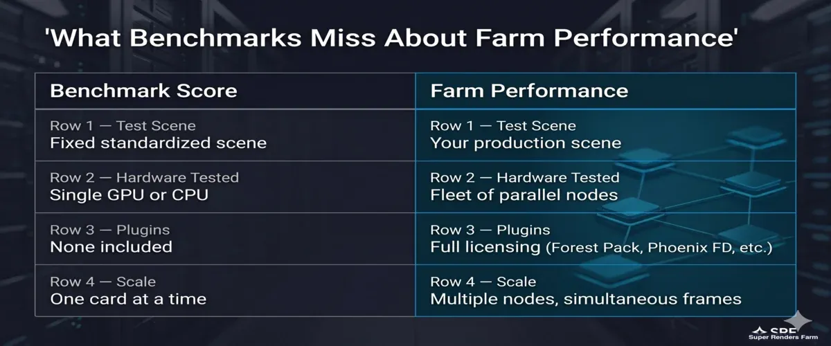 What benchmark scores measure versus what render farm performance actually delivers