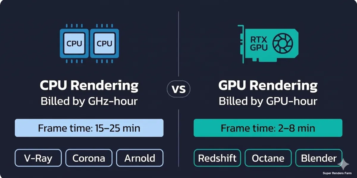 CPU vs GPU render farm billing comparison — GHz-hour for V-Ray, Corona, Arnold vs GPU-hour for Redshift, Octane, Blender