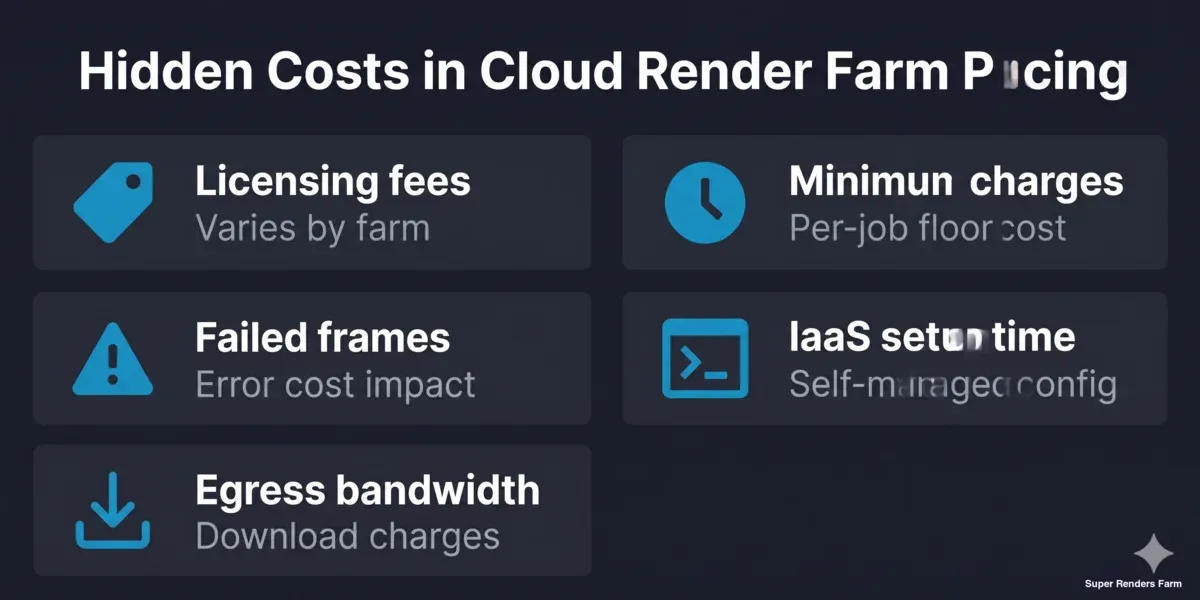 Common hidden costs in cloud render farm pricing — licensing fees, minimum charges, failed frames, IaaS setup time, egress bandwidth