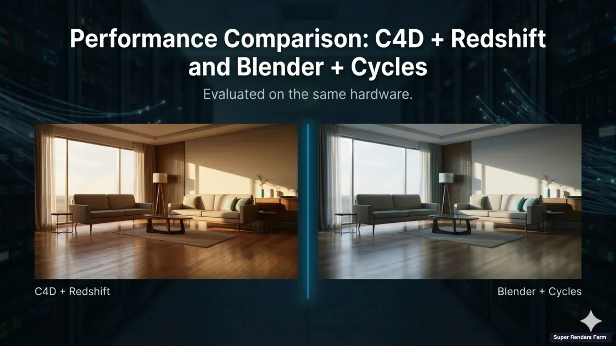 Cinema 4D and Blender side-by-side render output on identical cloud hardware
