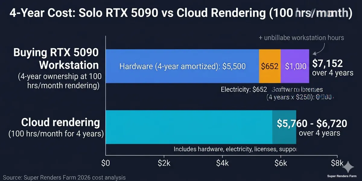 Four-year cost comparison: solo RTX 5090 workstation versus cloud rendering at 100 hours per month