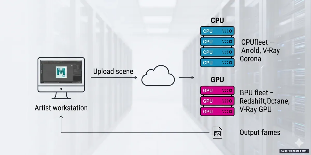 Maya scenes distributed across CPU and GPU render workers on a managed cloud farm