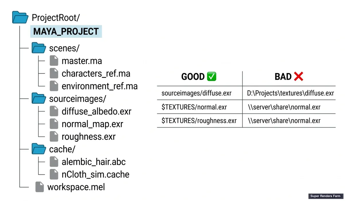 Maya project workspace folder structure with project-relative texture paths for cloud rendering