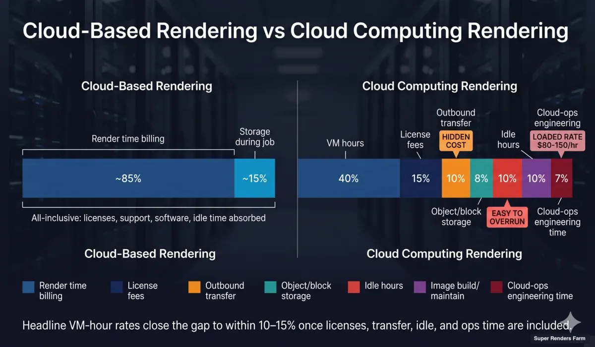 Stacked bar infographic comparing total cost composition between cloud-based render farm pricing and IaaS GPU cloud rendering with hidden costs flagged