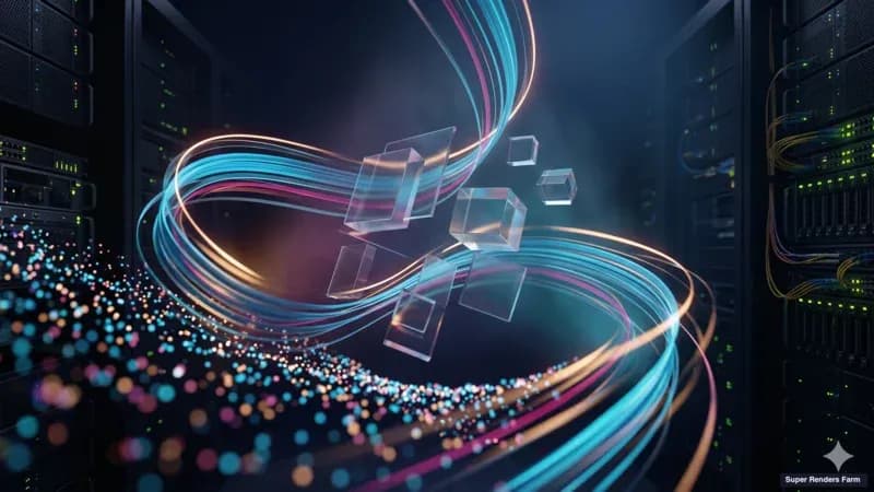 Abstract visualization of frame-range distribution across multiple render workers in a cloud render farm.