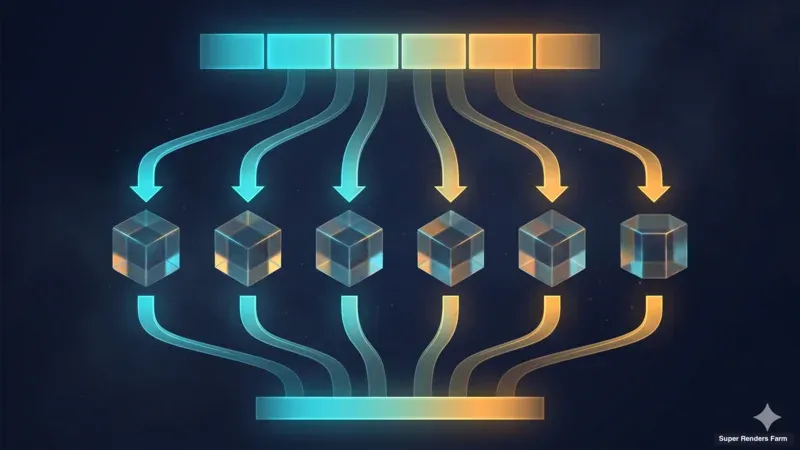 Two-stage cloud render pipeline showing image-sequence parallel workers feeding a single-worker video encode pass.