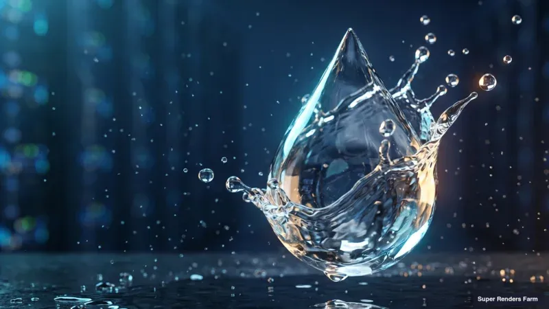 Abstract FLIP fluid simulation showing a stylized water column collapse, representing Houdini liquid simulation workloads.