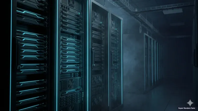 Cinematic GPU server rack composition representing the cloud render farm hardware fleet for Karma XPU and Redshift workloads.