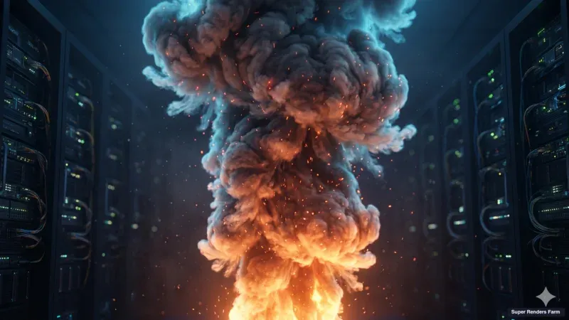 Close-up volumetric pyro simulation detail representing a Houdini Pyro cache file in a cloud render workflow.
