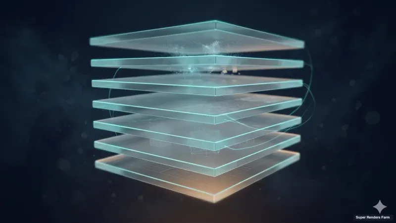 Abstract layered composition representing USD asset stages and Solaris layer references in a Houdini scene.