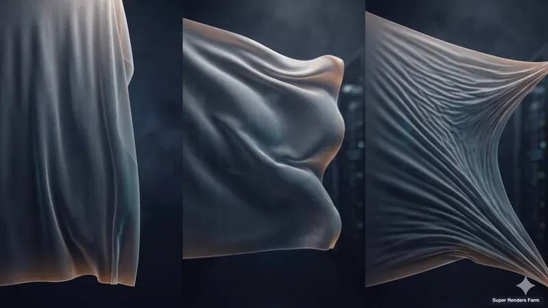 Abstract triptych composition showing three subtly varied cloth simulation poses, evoking a Houdini wedge or take-batch workflow.