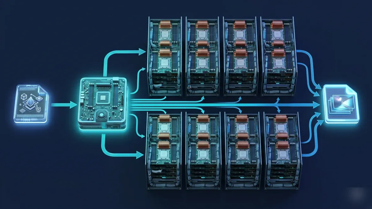 Diagram of a CPU render farm distributing a job from a scene file through a manager node to eight worker servers and into a composite output