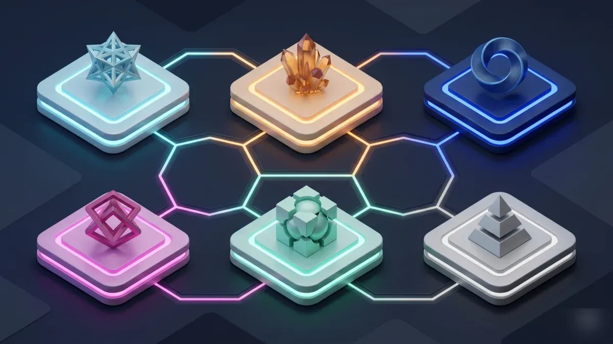 Six floating platforms arranged in a 2-by-3 grid representing different render engine workflows for 3ds Max