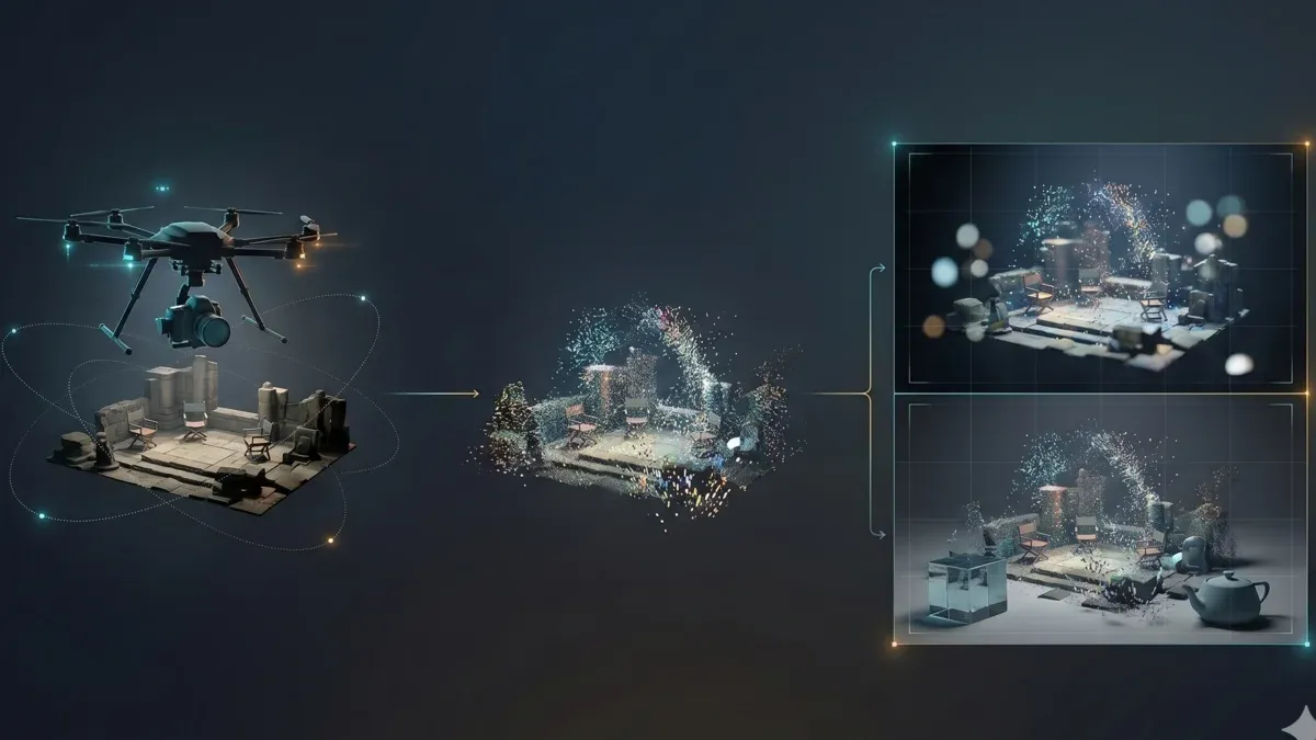 Gaussian Splatting pipeline — drone or DSLR capture → reconstruction → Unreal Engine real-time playback + V-Ray 7 ray-traced compositing