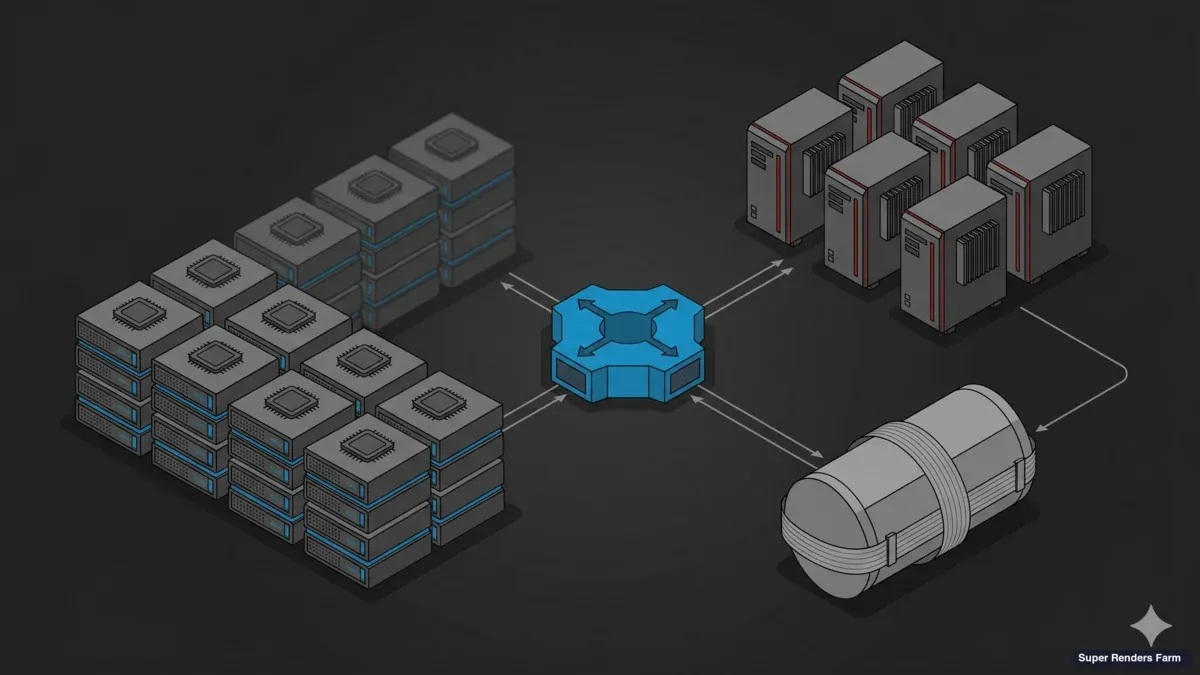 Fleet overview architecture diagram showing CPU pool, GPU pool, shared storage, and the central license routing layer