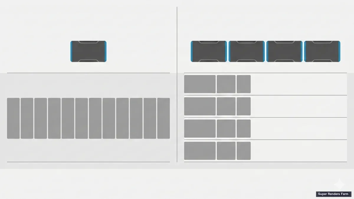 Frame-per-node concept diagram showing serial render on one node versus parallel render across multiple nodes